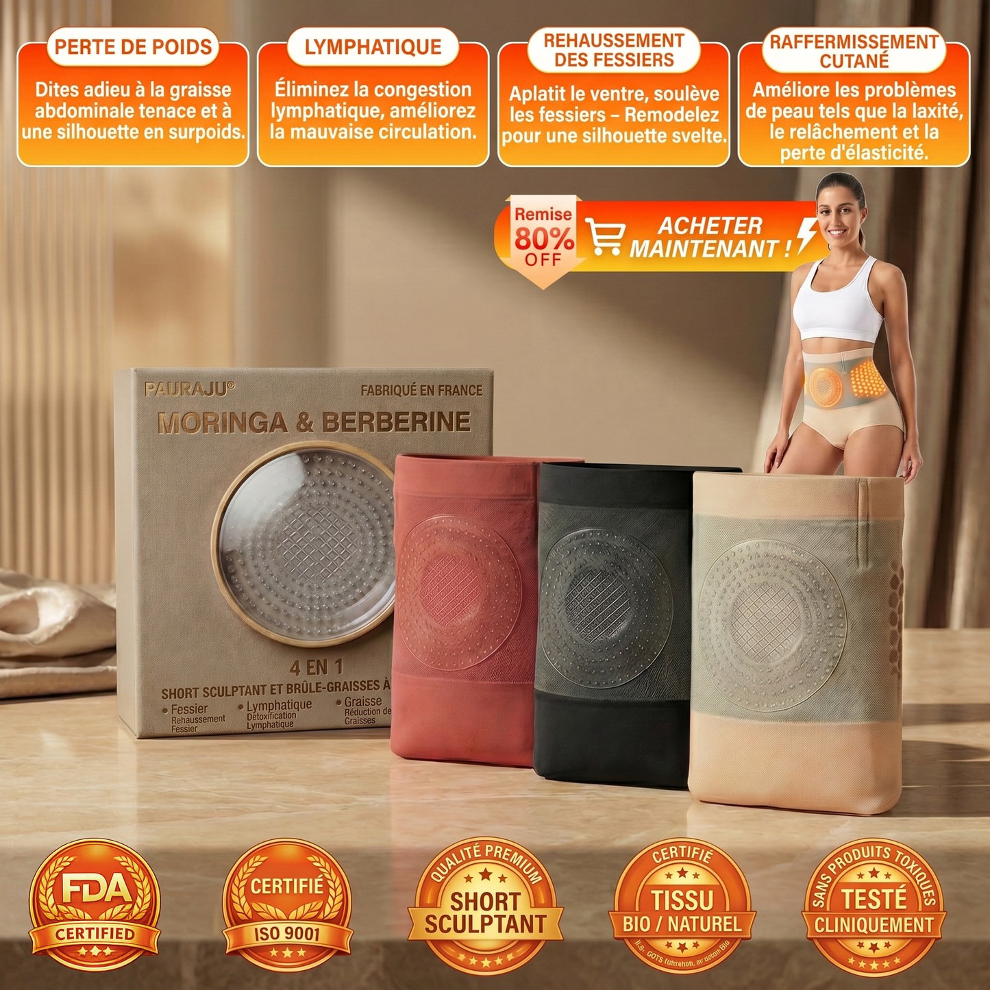 Boutique Officielle | 🍀🍀 𝐏𝐀𝐔𝐑𝐀𝐉𝐔® 2026 Short Sculptant & Brûle-Graisses 4-en-1 aux Micro-Particules de Moringa & Berbérine-XA